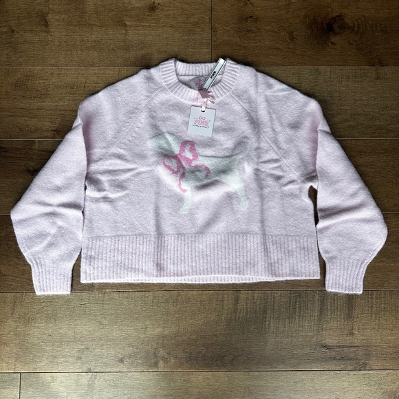 Victoria Secret PINK LoveShackFancy Boxy Sweater Pink Tulip Dog Bow Sz S NEW - Picture 2 of 7